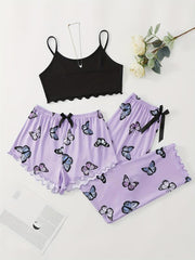 Summer Star Moon Print Pajamas Set Sleeveless Top & Shorts & Pant