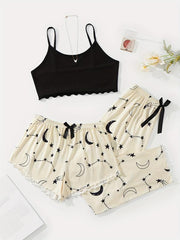 Summer Star Moon Print Pajamas Set Sleeveless Top & Shorts & Pant