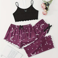Summer Star Moon Print Pajamas Set Sleeveless Top & Shorts & Pant