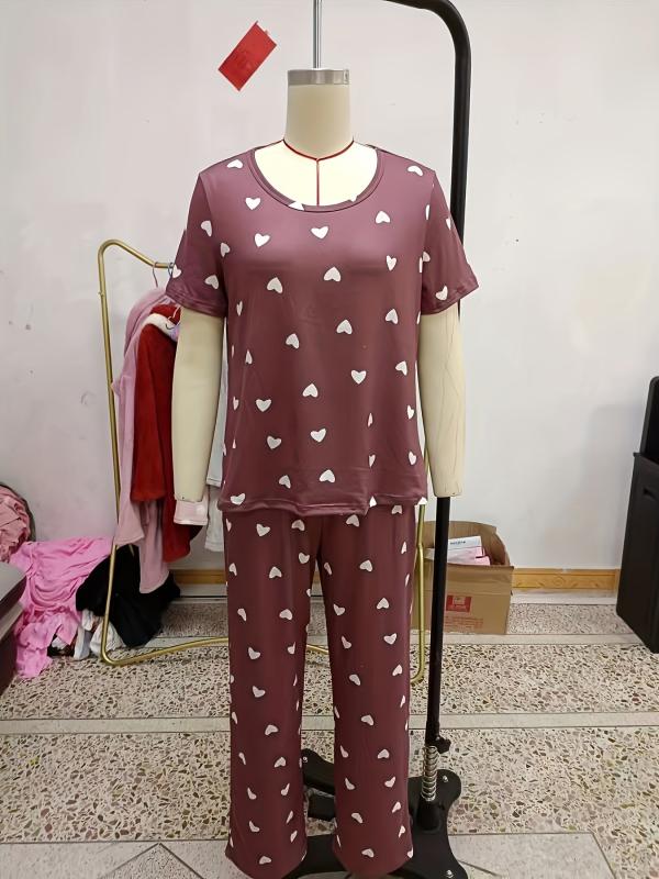Heart Print Pajama Set Short Sleeve Round Neck Top & Elastic Waistband Pants