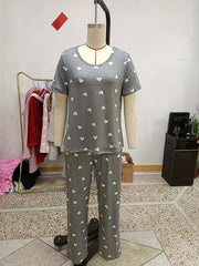 Heart Print Pajama Set Short Sleeve Round Neck Top & Elastic Waistband Pants