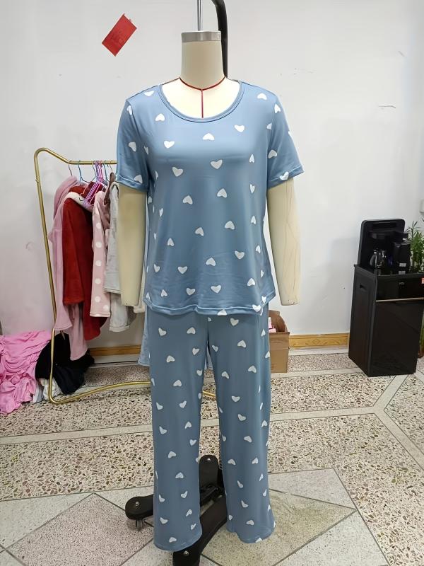 Heart Print Pajama Set Short Sleeve Round Neck Top & Elastic Waistband Pants