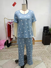 Heart Print Pajama Set Short Sleeve Round Neck Top & Elastic Waistband Pants
