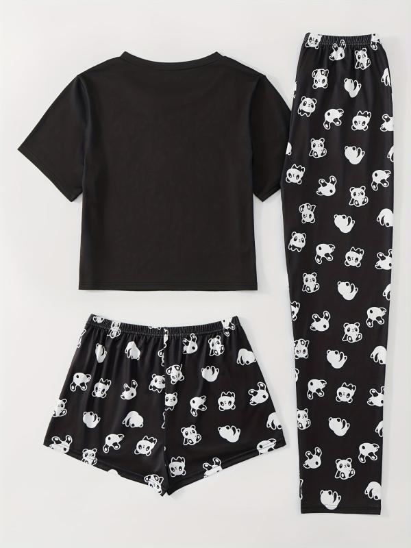 Panda Print Pajama Set Top & Shorts & Pants Women's Sleepwear & Loungewear