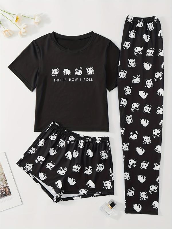 Panda Print Pajama Set Top & Shorts & Pants Women's Sleepwear & Loungewear