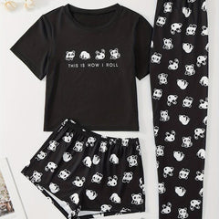 Panda Print Pajama Set Top & Shorts & Pants Women's Sleepwear & Loungewear