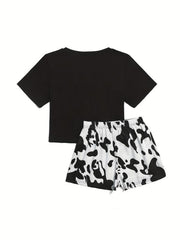 Cow Print Pajama Set Short Sleeve Top & Shorts Women's Sleepwear