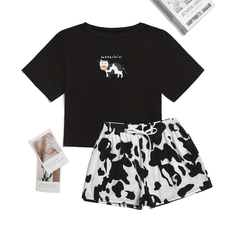Cow Print Pajama Set Short Sleeve Top & Shorts Women's Sleepwear