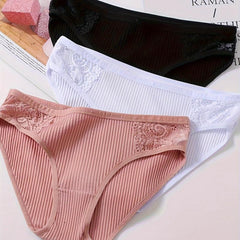 3pcs Lace Ribbed Briefs Comfy Breathable Intimates Panties Women's Lingerie
