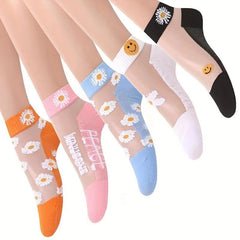 5 Pairs Floral Print Short Socks Women's Stockings