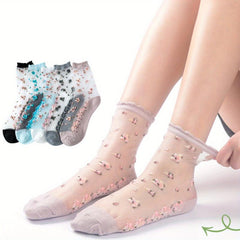 5 Pairs Lace Crew Socks & Comfortable Mesh Stockings Women's Socks