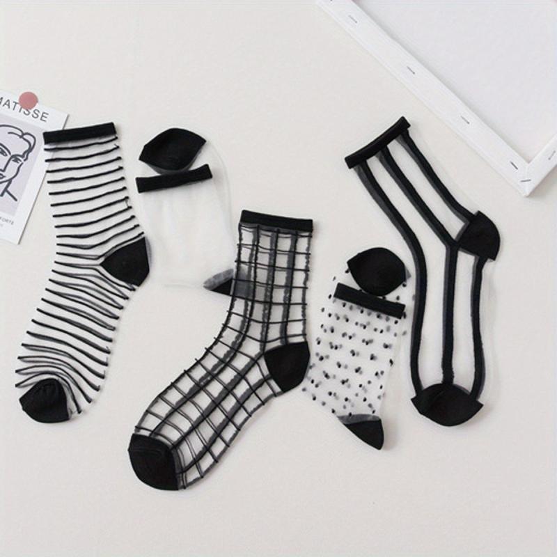 5 Pairs Lace Crew Socks & Comfortable Mesh Stockings Women's Socks