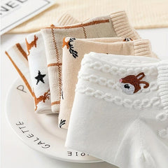 5 Pairs Harajuku Cartoon Deer Ankle Socks Women's Stockings & Hosiery