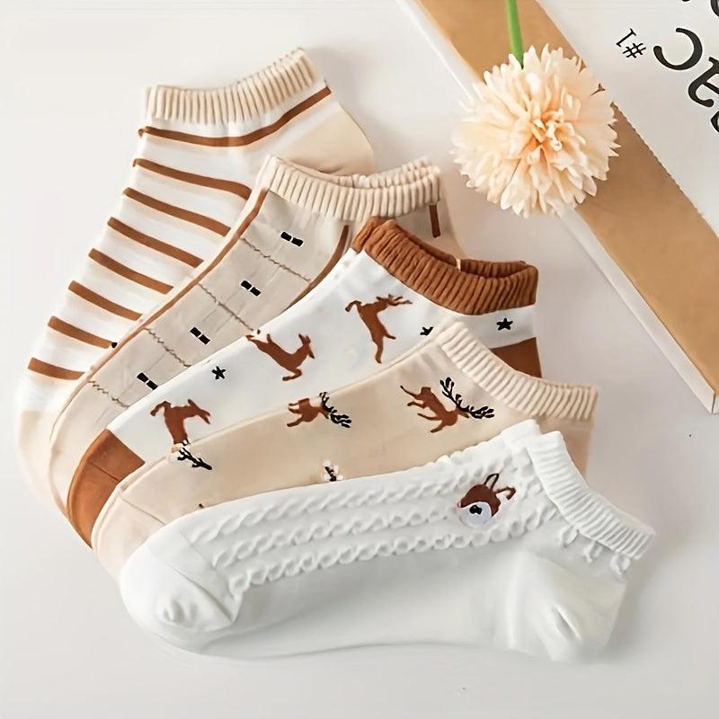 5 Pairs Harajuku Cartoon Deer Ankle Socks Women's Stockings & Hosiery