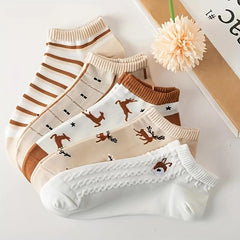 5 Pairs Harajuku Cartoon Deer Ankle Socks Women's Stockings & Hosiery