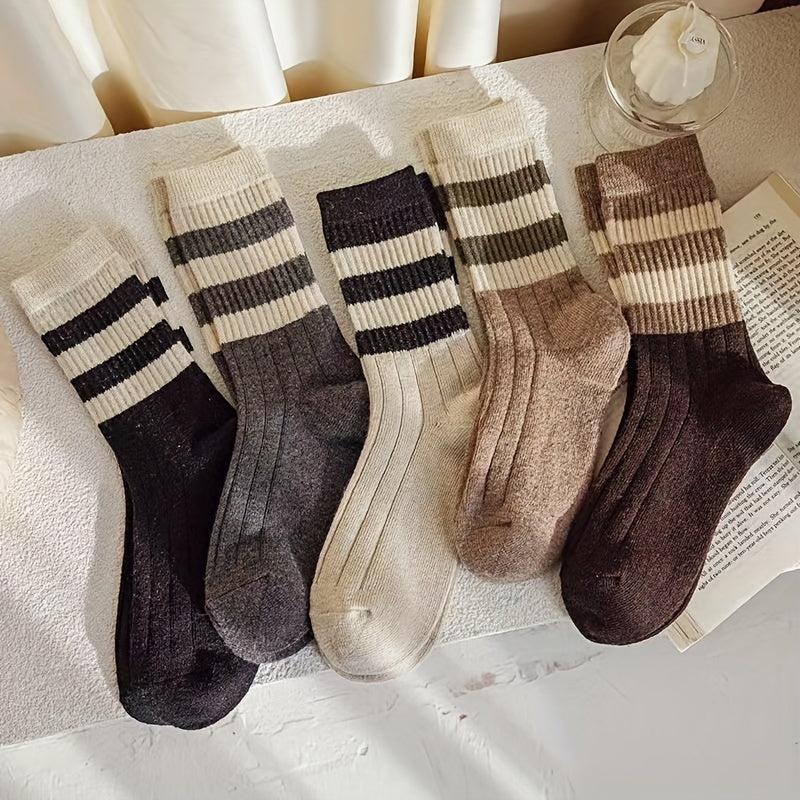 5 Pairs Women's Crew Socks Striped Collage Style Pack