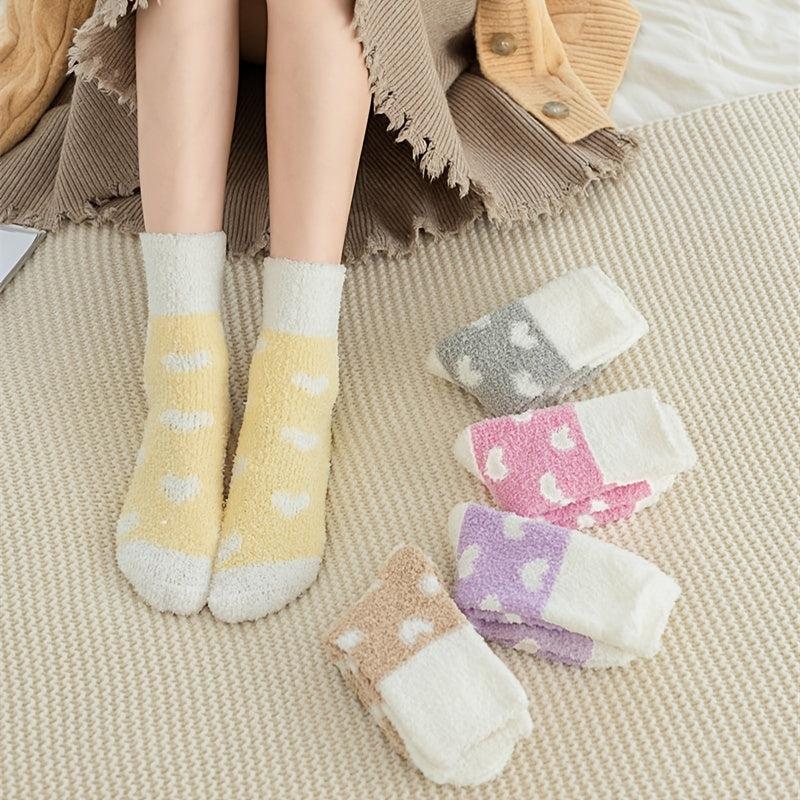 5 Pairs Heart Print Fuzzy Socks Women's Stockings & Hosiery