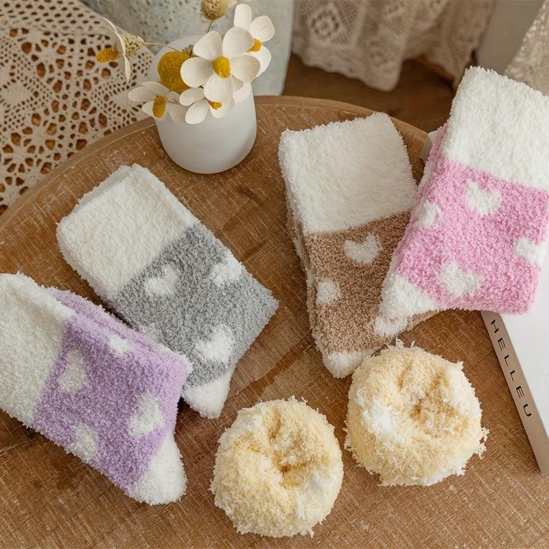 5 Pairs Heart Print Fuzzy Socks Women's Stockings & Hosiery
