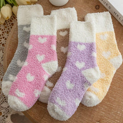 5 Pairs Heart Print Fuzzy Socks Women's Stockings & Hosiery