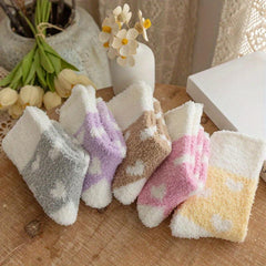 5 Pairs Heart Print Fuzzy Socks Women's Stockings & Hosiery