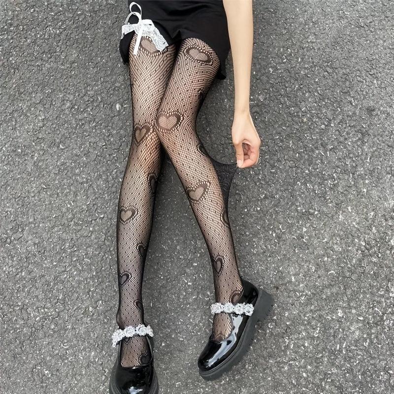 Heart Print Mesh Tights Sexy Fishnet Pantyhose