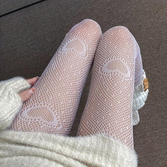 Heart Print Mesh Tights Sexy Fishnet Pantyhose