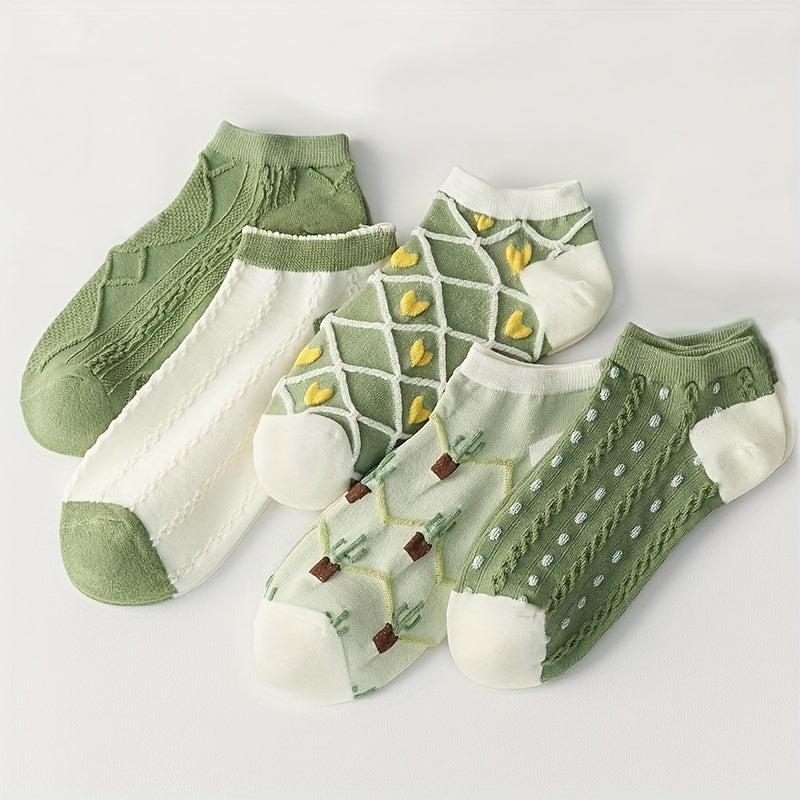 5 Pairs Floral Textured & Lightweight Low Cut Ankle Socks Women's Stockings