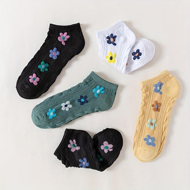 5 Pairs Floral Print Low Cut Ankle Socks Women's Stockings