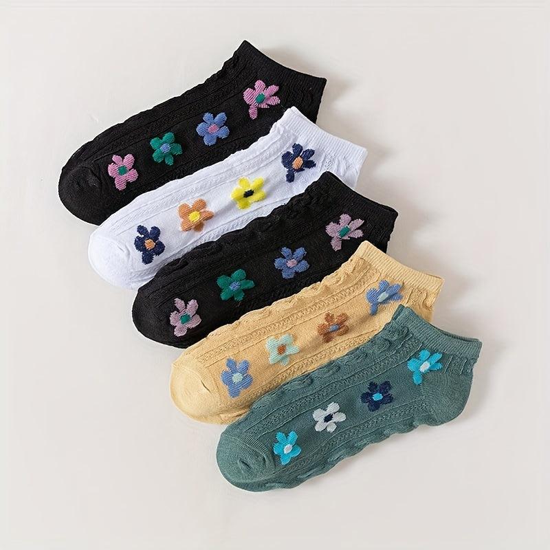 5 Pairs Floral Print Low Cut Ankle Socks Women's Stockings