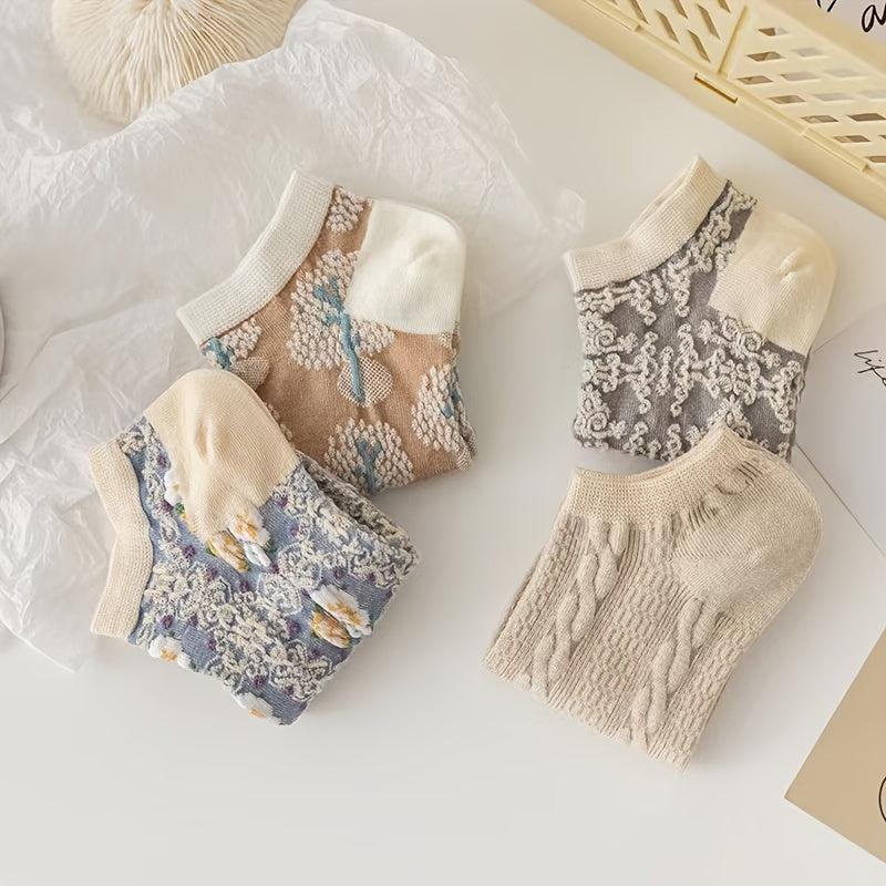 4 Pairs Floral Print Ankle Socks Comfy & Breathable Low Cut Women's Stockings