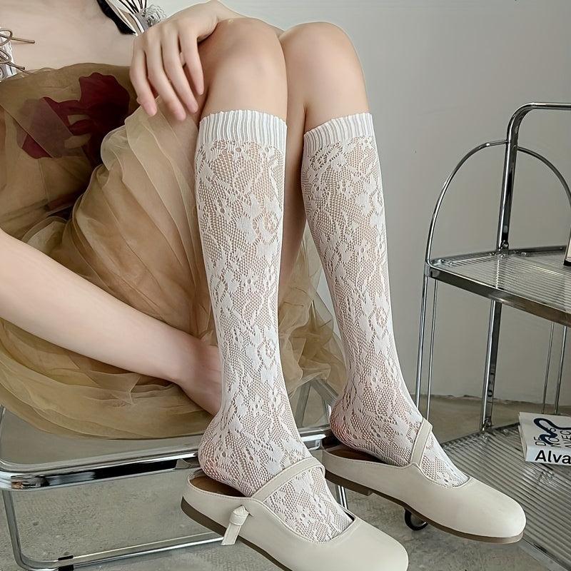 Floral Lace Calf Socks Lolita Hollow Out Knee High Socks