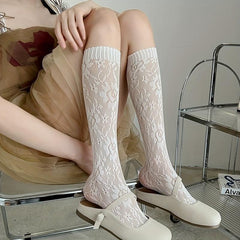 Floral Lace Calf Socks Lolita Hollow Out Knee High Socks