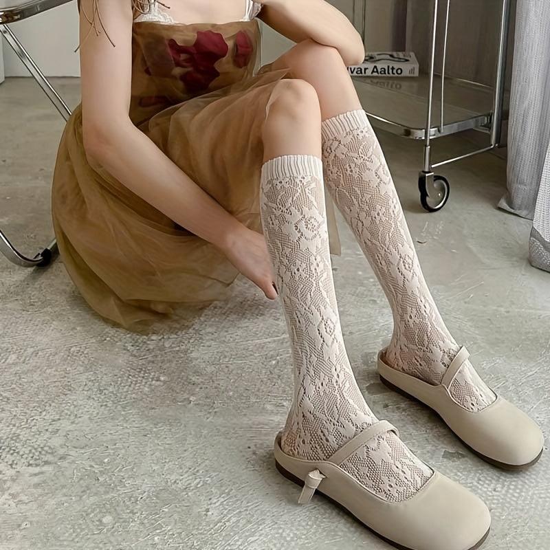 Floral Lace Calf Socks Lolita Hollow Out Knee High Socks