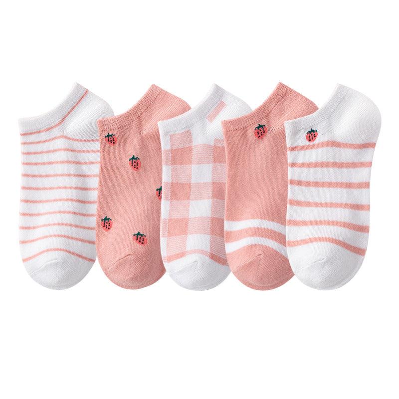 5 Pairs Strawberry Print & Plaid Striped Ankle Socks Women's Stockings
