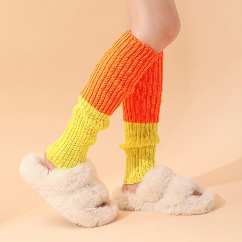 Colorblock Knitted Leg Warmers Warm Knee High Socks Women's Stockings