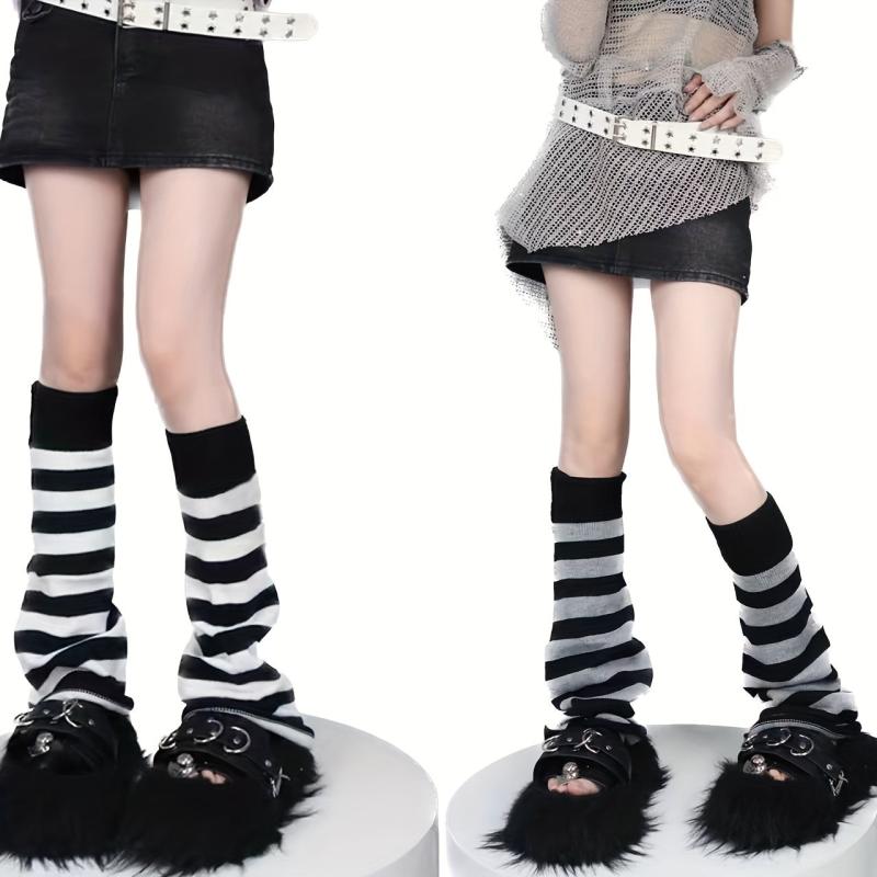 2 Pairs Striped Leg Warmers Colorblock Knee High Socks Women's Stockings