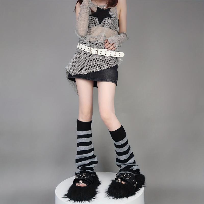 2 Pairs Striped Leg Warmers Colorblock Knee High Socks Women's Stockings