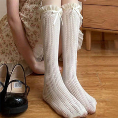 Ruffle Bow Tie Knee High Socks Lolita Mesh Stockings