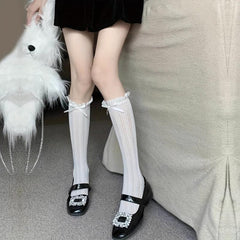 Ruffle Bow Tie Knee High Socks Lolita Mesh Stockings