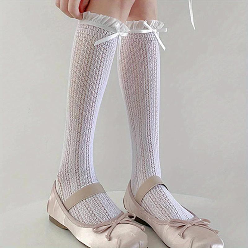 Ruffle Bow Tie Knee High Socks Lolita Mesh Stockings