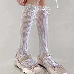 Ruffle Bow Tie Knee High Socks Lolita Mesh Stockings
