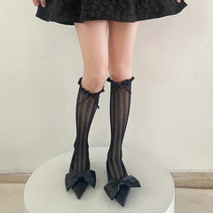 Ruffle Bow Tie Knee High Socks Lolita Mesh Stockings
