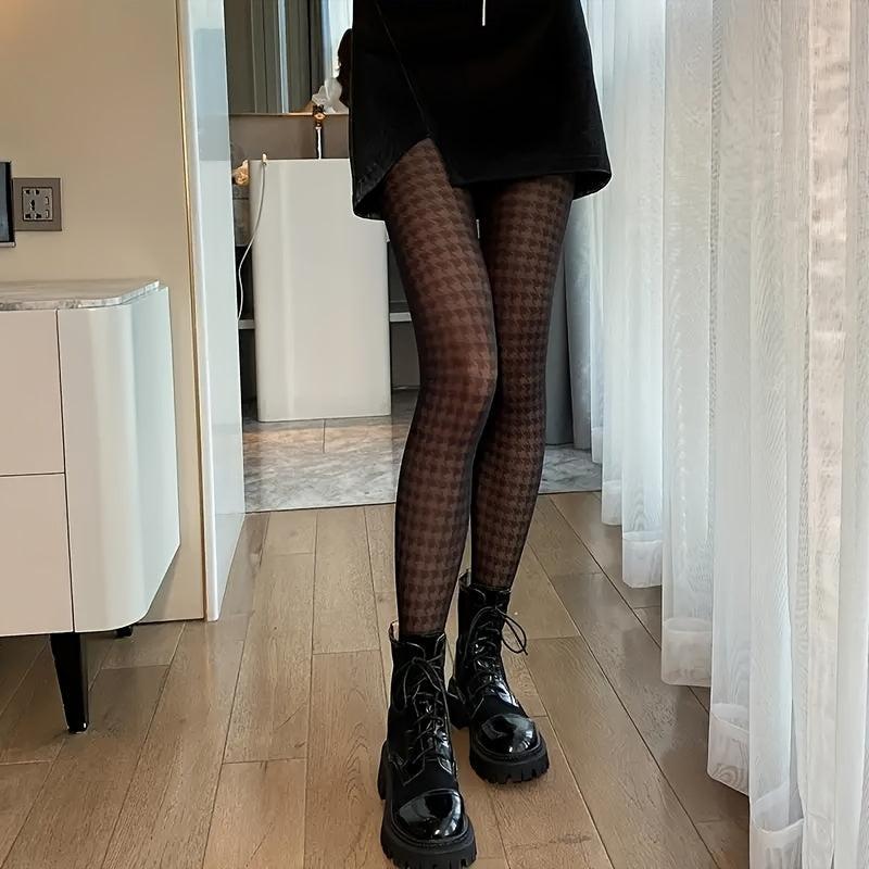 Houndstooth High Waist Pantyhose Semi Sheer Women's Stockings