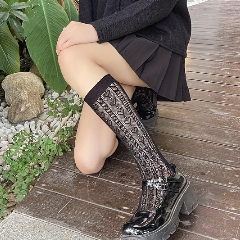 Floral Lace Mesh Calf Socks Women's Knee High Stockings