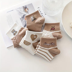 5 Pairs Cartoon Bear Print Socks Crew Short Stockings Women's Hosiery