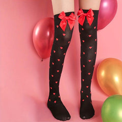 Heart Print Thigh High Socks Bow Over The Knee Socks Women's Stockings