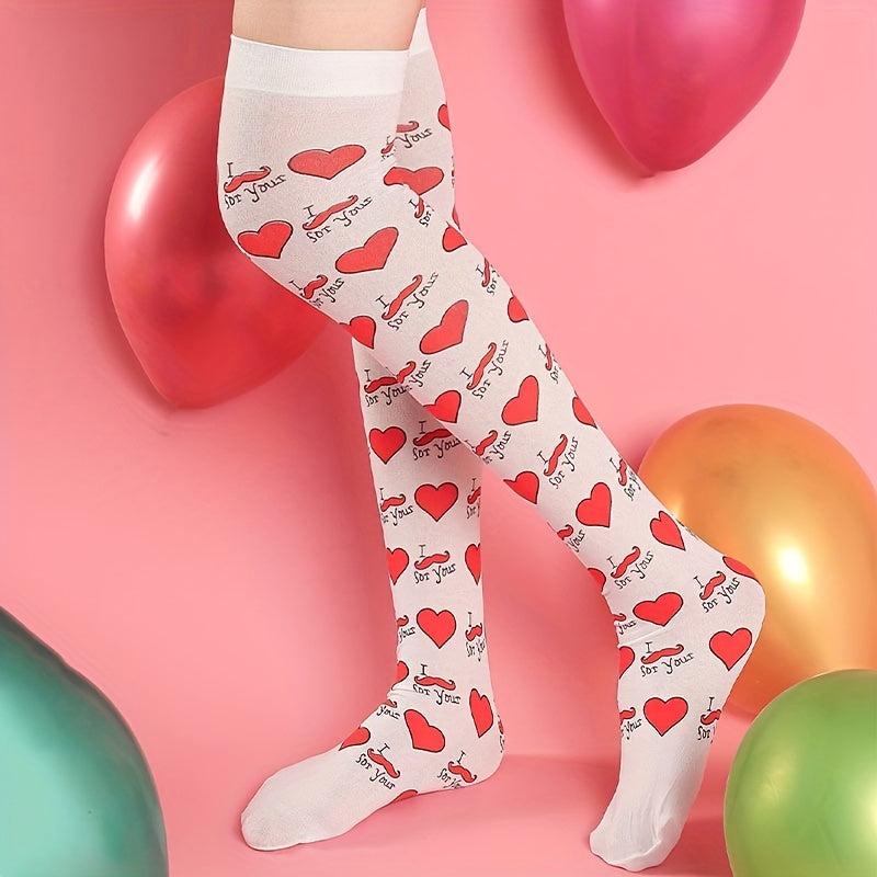 Heart Print Thigh High Socks Bow Over The Knee Socks Women's Stockings