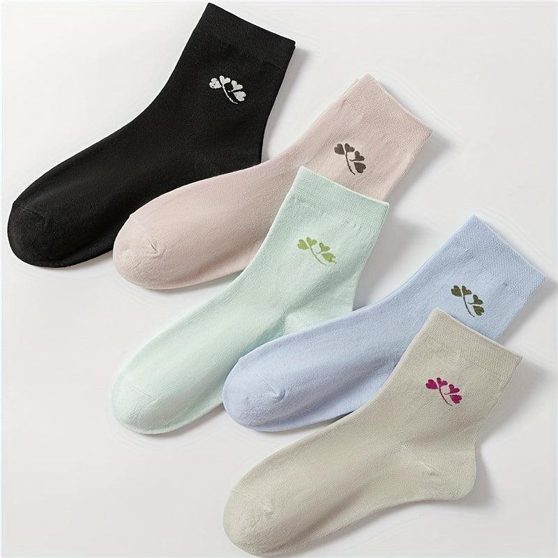 5 Pairs Floral Print Socks Mid Tube Women's Stockings & Hosiery