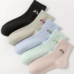 5 Pairs Floral Print Socks Mid Tube Women's Stockings & Hosiery