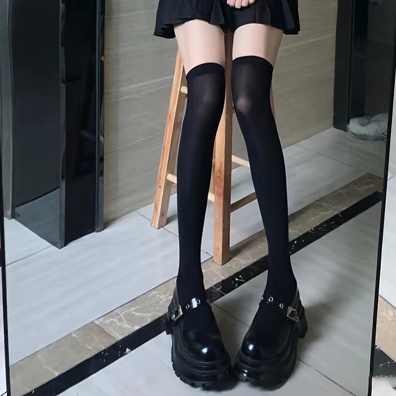 2 Pairs Solid Thigh High Socks Women's Stockings & Hosiery